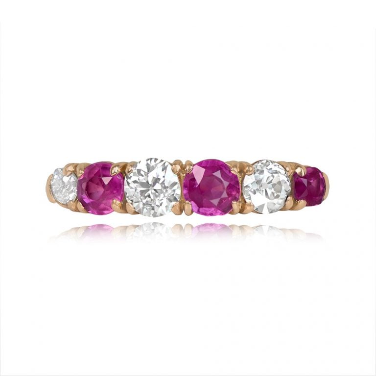Antique Victorian Era Six-Stone Ruby and Diamond Ring. Rosaire Ring, Circa 1860