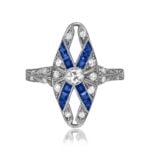 Edwardian Elongated Diamond with Sapphire and diamond filigree Paradis Ring 14748