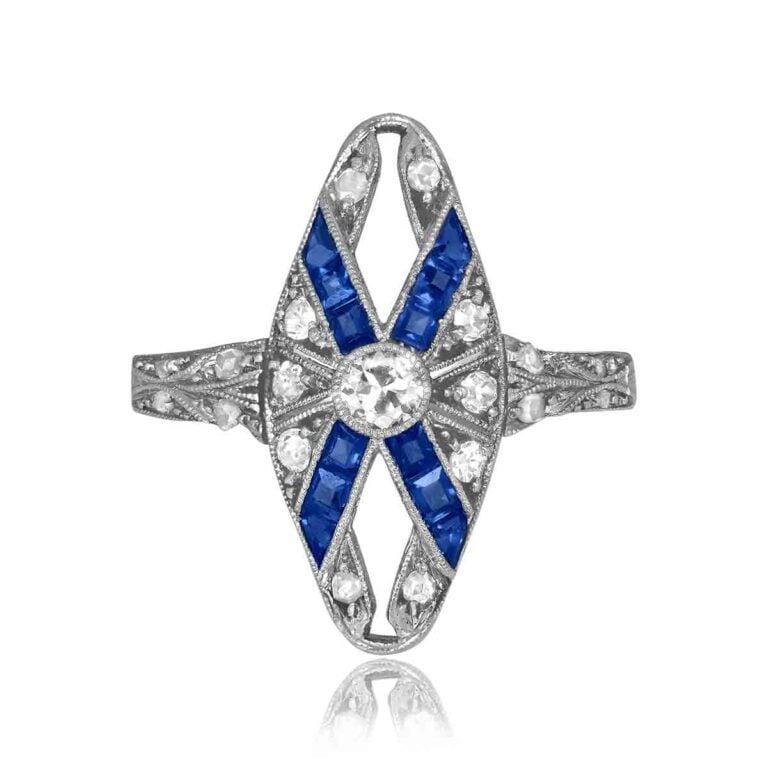Edwardian Elongated Diamond and Sapphire Paradis Ring, Circa 1900