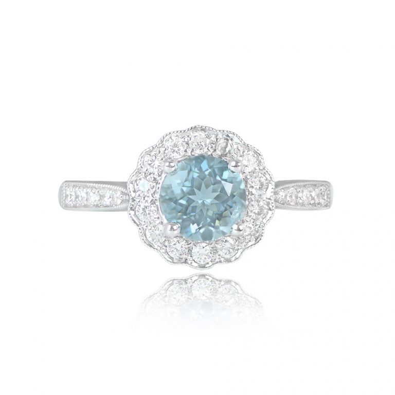 Round Aquamarine and Diamond Cluster Milnet Ring