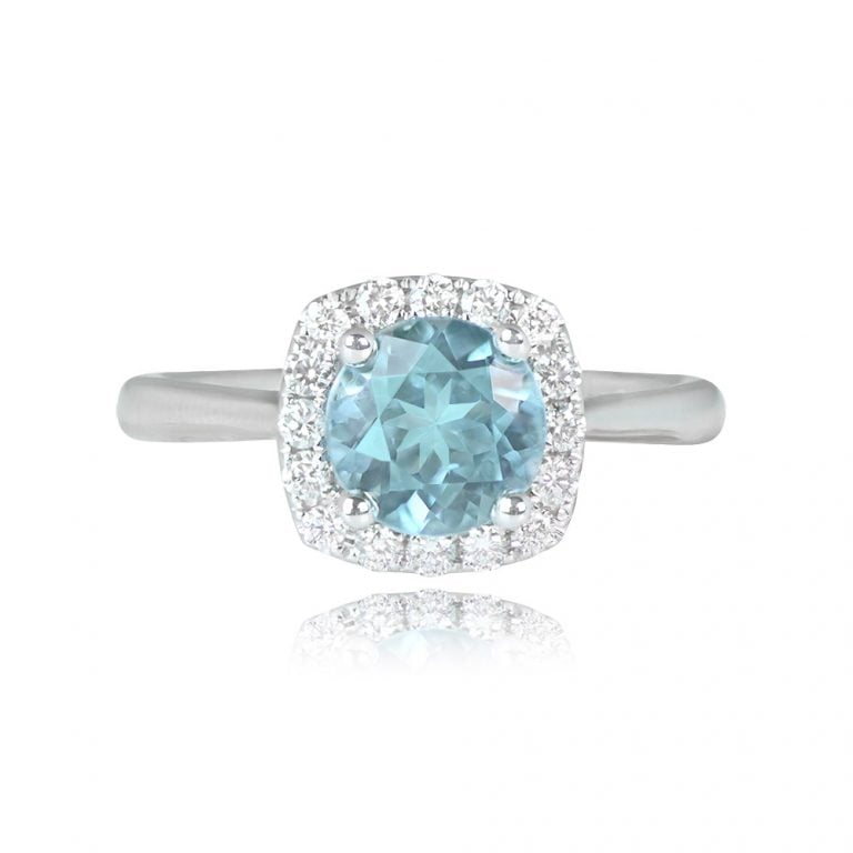 1.17ct Aquamarine and Diamond Halo 18k W/G Midland Ring