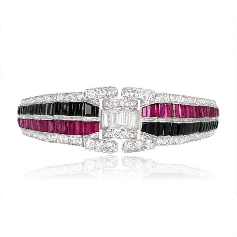 Antique Art Deco Diamond Onyx and Ruby Bracelet. Circa 1920