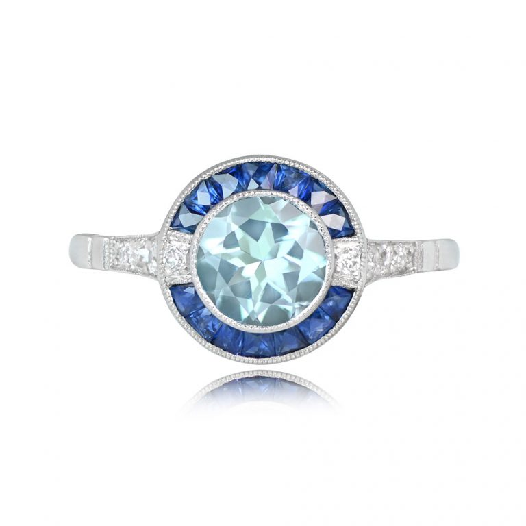 0.78ct Aquamarine and Sapphire Halo Mineola Ring