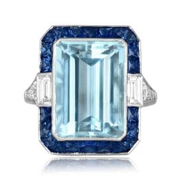 center 7.44 carat emerald cut aquamaring with sapphire and diamond halo Cavendis Ring 16023 top view photo