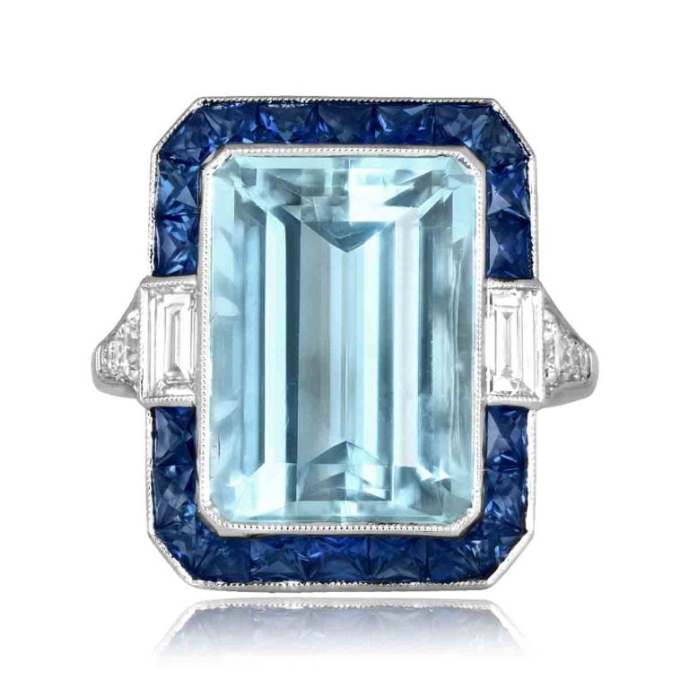 7.44ct Aquamarine and Sapphire Halo Cavendis Ring