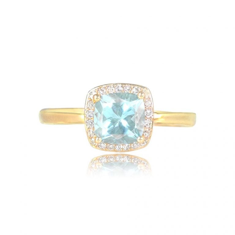 0.95ct Aqua, Diamond Halo 18k Y/G Windmere Ring