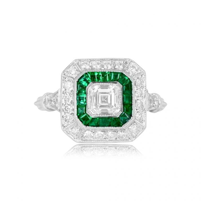 GIA Certified 0.52ct Asscher Cut Diamond and Emerald Ring. Atlanta Ring