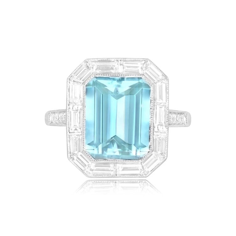 2.80ct Emerald Cut Aquamarine and Baguette Halo Stillwater Ring