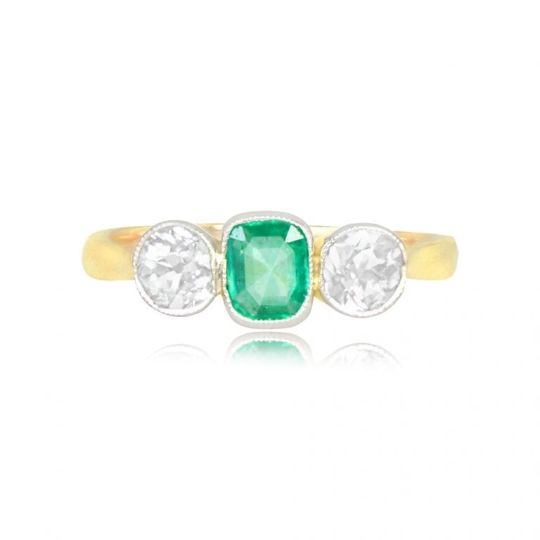 Antique Emerald and Diamond Three Stone Edwardian Ring
