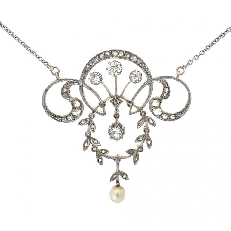 Antique Edwardian Floral Motif Diamond Pendant. Newton Necklace, Circa 1910