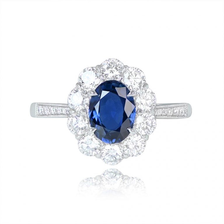 1.32ct Sapphire and Diamond Halo Ring. Fairmonte Ring