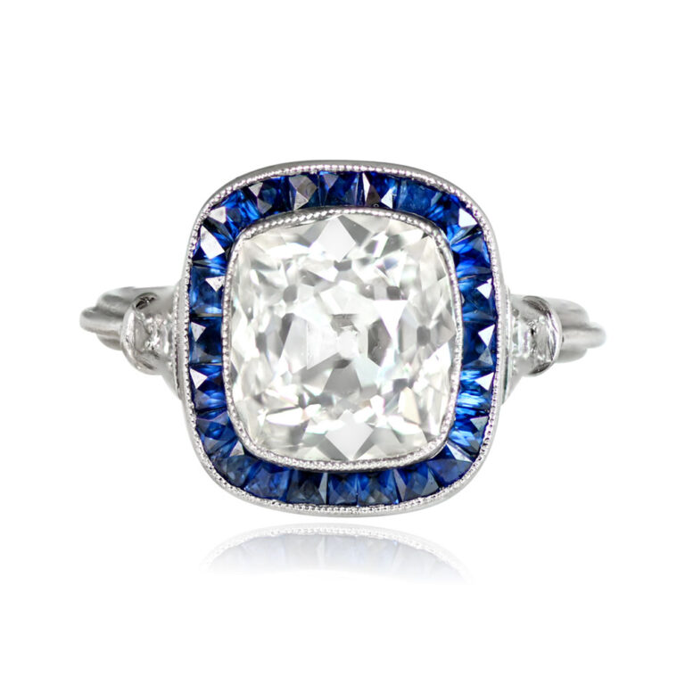 3.03ct Antique Cushion Cut and Sapphire Halo Montreal Ring
