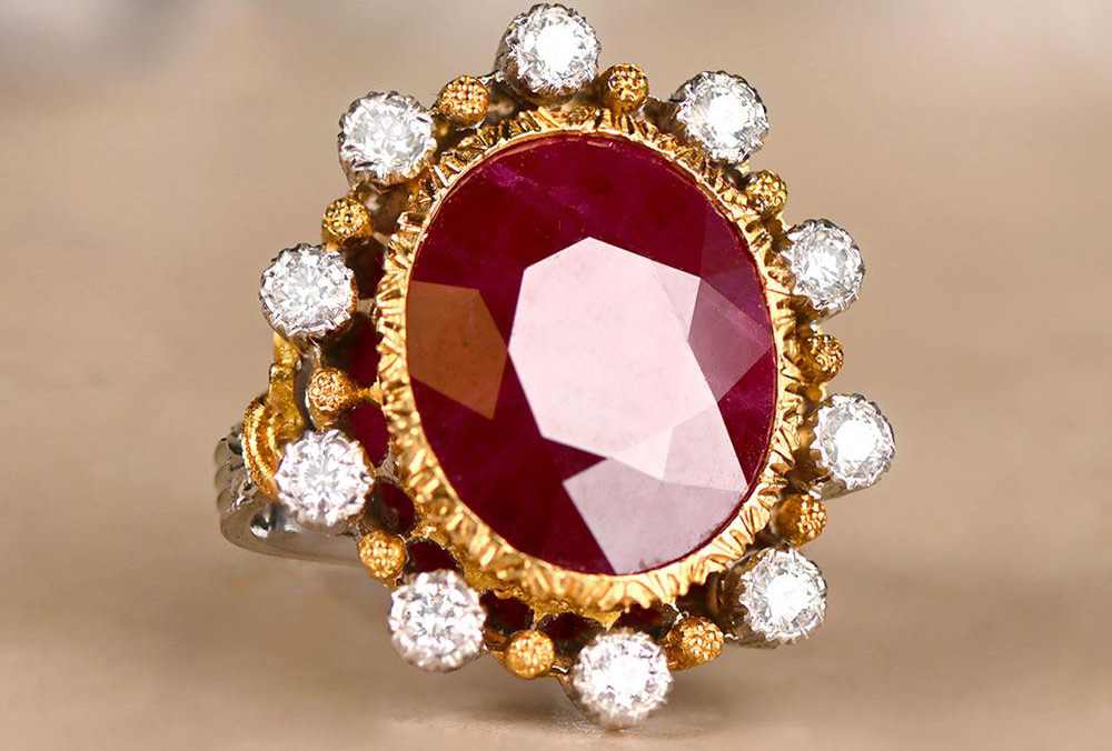Ruby and diamond ring set in platinum on gold