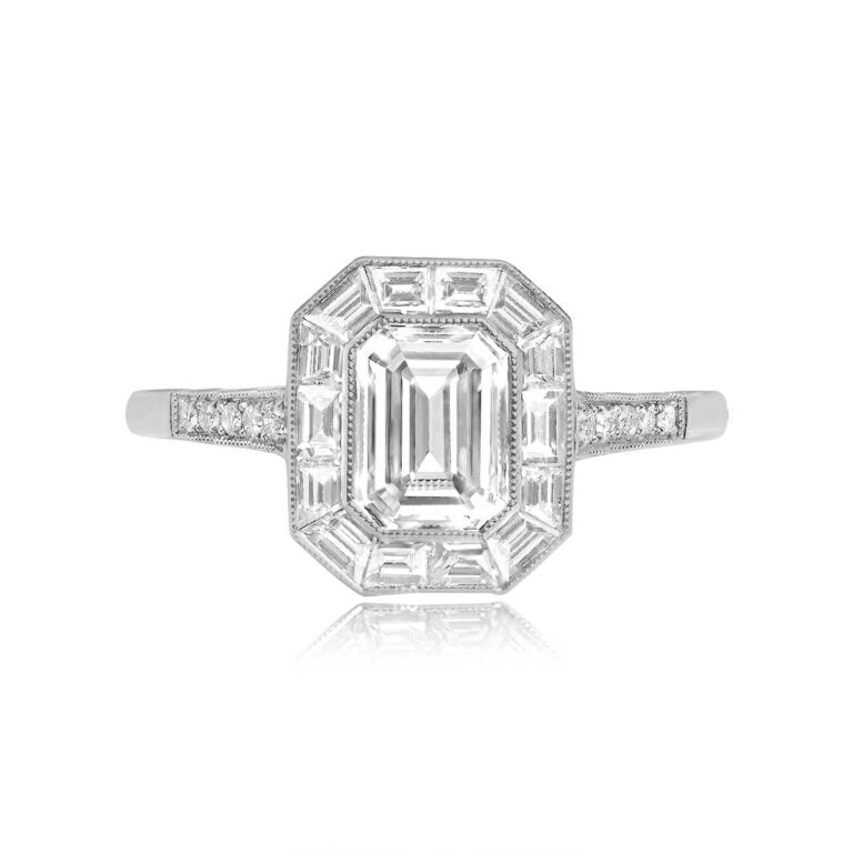 GIA-Certified 1ct Emerald Cut Diamond and Baguette Halo Platinum Fredonia Ring