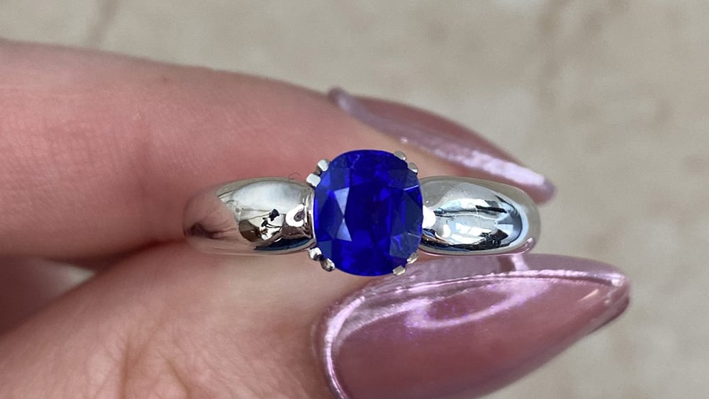 A sapphire ring with a delicate white gold mounting.