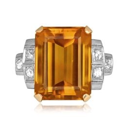 large center citrine stone with diamond accents Antique Retro Era Franconia Ring, Circa 1940 JN2412