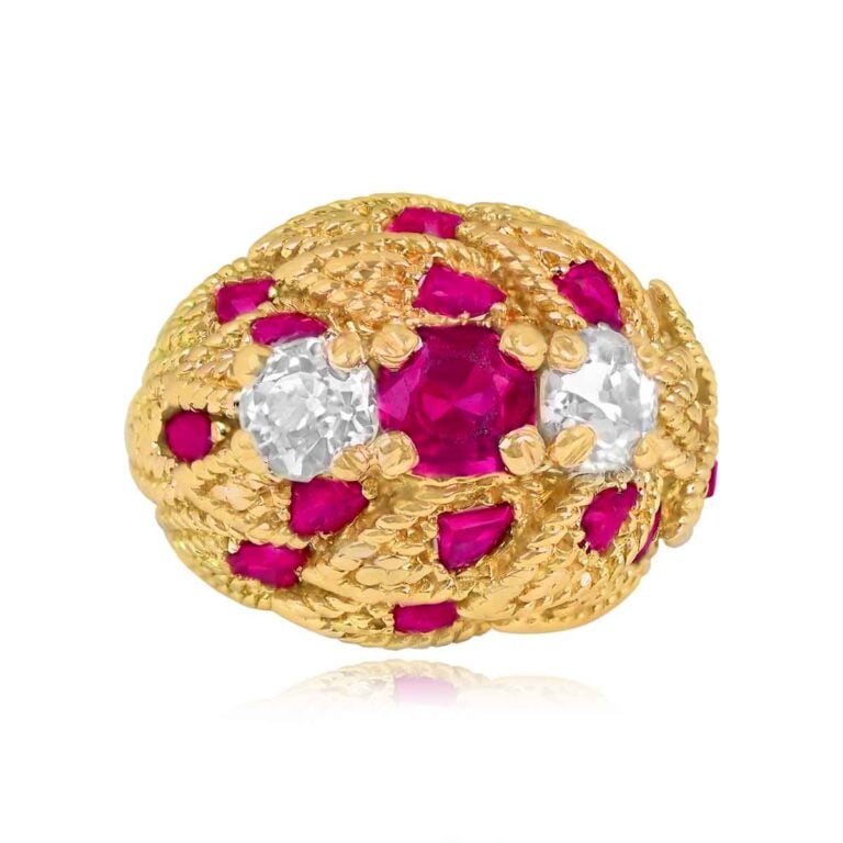 Vintage French 1.00ct Cushion Cut Ruby and Diamond Pilton Ring, Circa 1970s