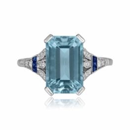 5.29 caratcenter emerald cut aquamarine stone with diamond and sapphire on shoulders Holt Ring 15879