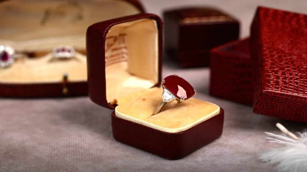 Large Rare Burma Ruby and Diamond Ring in Box