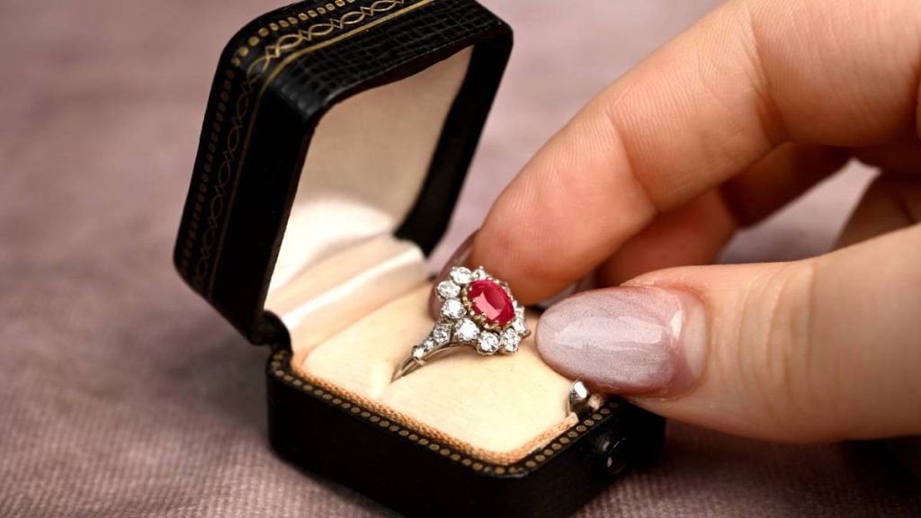 Rare Burmese Ruby Oval Cut in Diamond Halo Ring