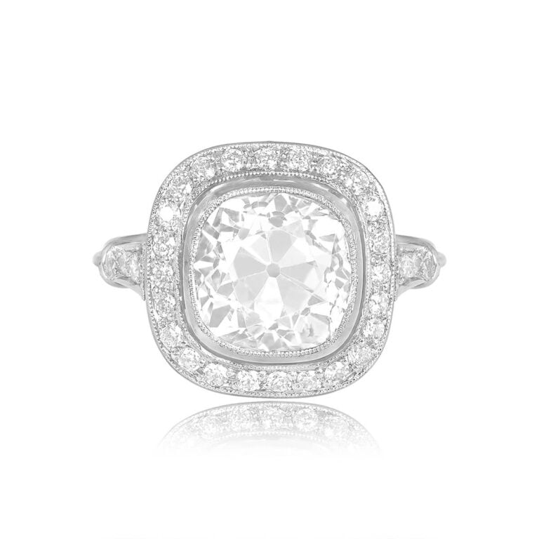4.60ct Antique Cushion Cut Diamond Platinum Halo Ring