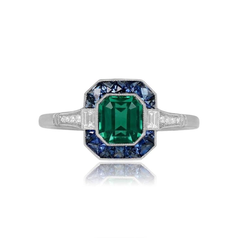 0.96ct Colombian No Oil Emerald and Sapphire Halo Ring. Ramsen Ring