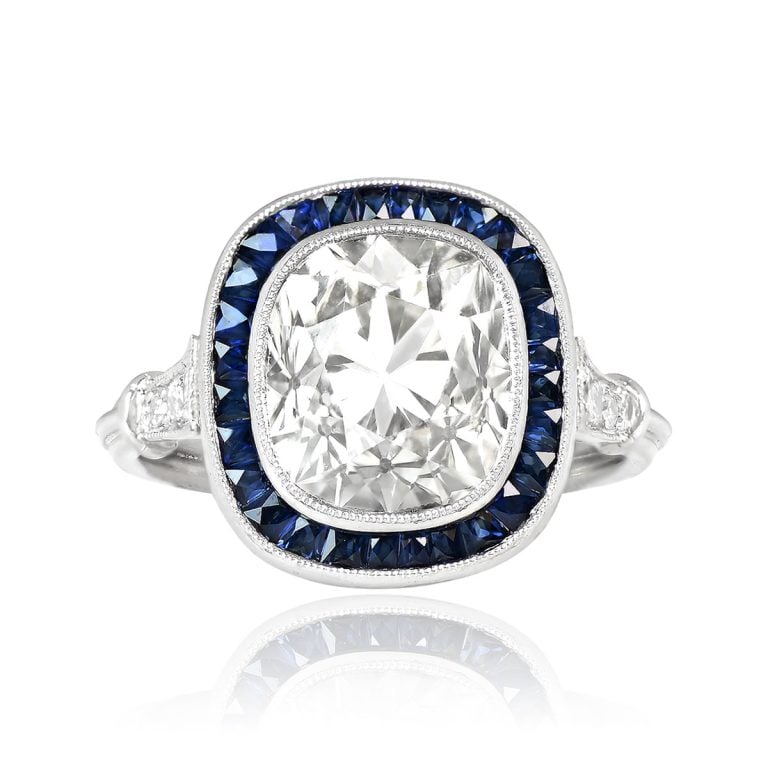 4.06ct Antique Cushion Cut Diamond Sapphire Halo Robinson Ring