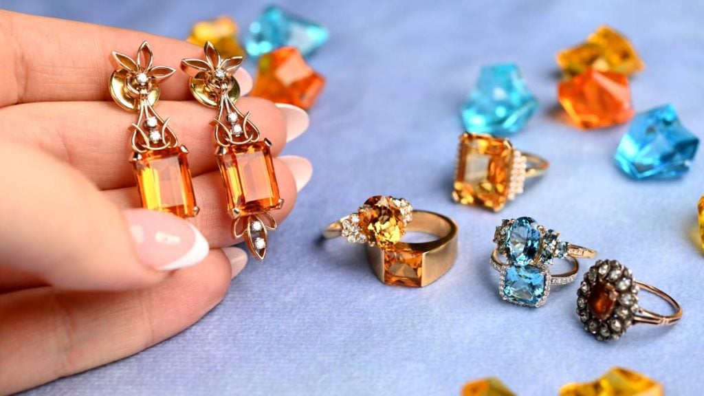 November Birthstone Jewelry Model with Citrine and Topaz Rings Earrings