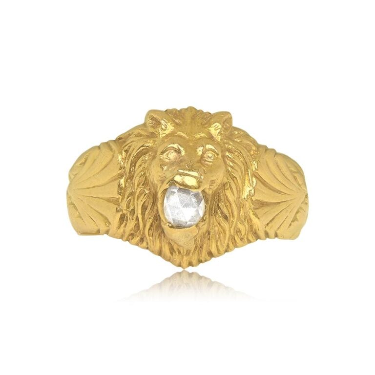 Art Nouveau 18k Yellow Gold Lion Head Diamond Ring