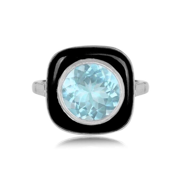 3.01ct Aquamarine with Onyx Halo Abriola Ring. Circa 1935, Antique, Art Deco Era