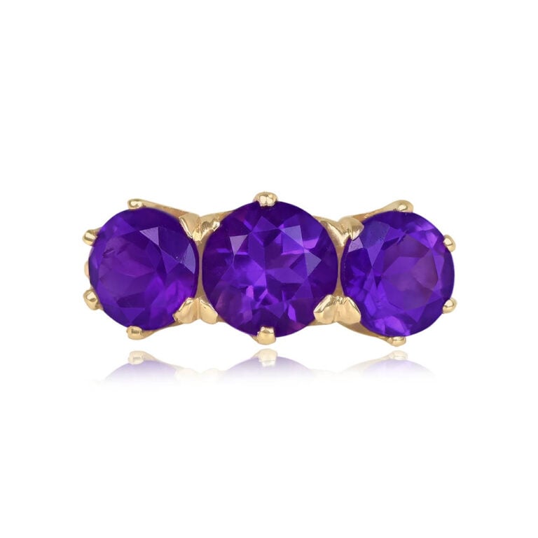 Antique 2.61ct Three-Stone Amethyst and 18k Yellow Gold Valmiera Ring, Circa 1880