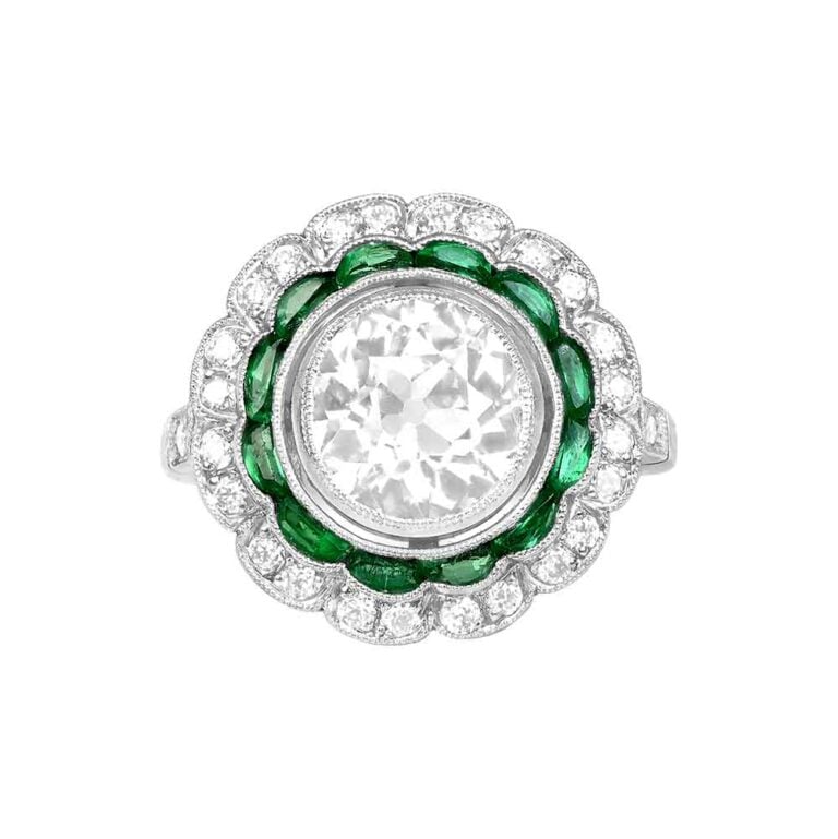1.78ct Diamond and Emerald on Platinum Tomari Ring