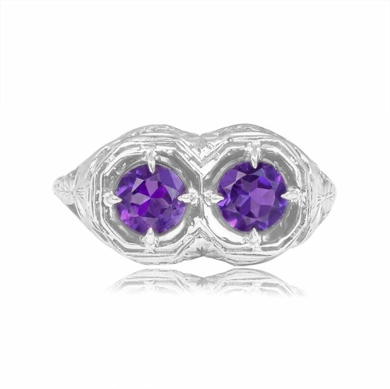 Vintage 1.11ct Two-Stone Amethyst on Platinum Vershire Ring, Circa 1940