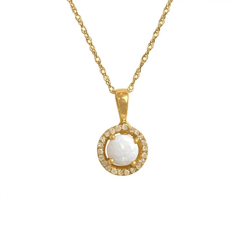 Round Opal and Diamond Halo Yellow Gold Missoula Necklace