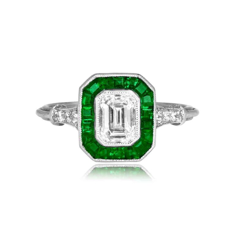GIA Certified 0.80ct Emerald Cut Diamond and Emerald Bondi Ring
