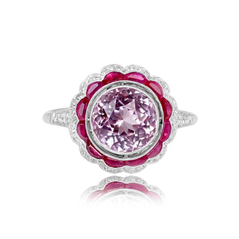 2.57ct Round Kunzite Double Halo of Rubies and Diamonds Veivera Ring