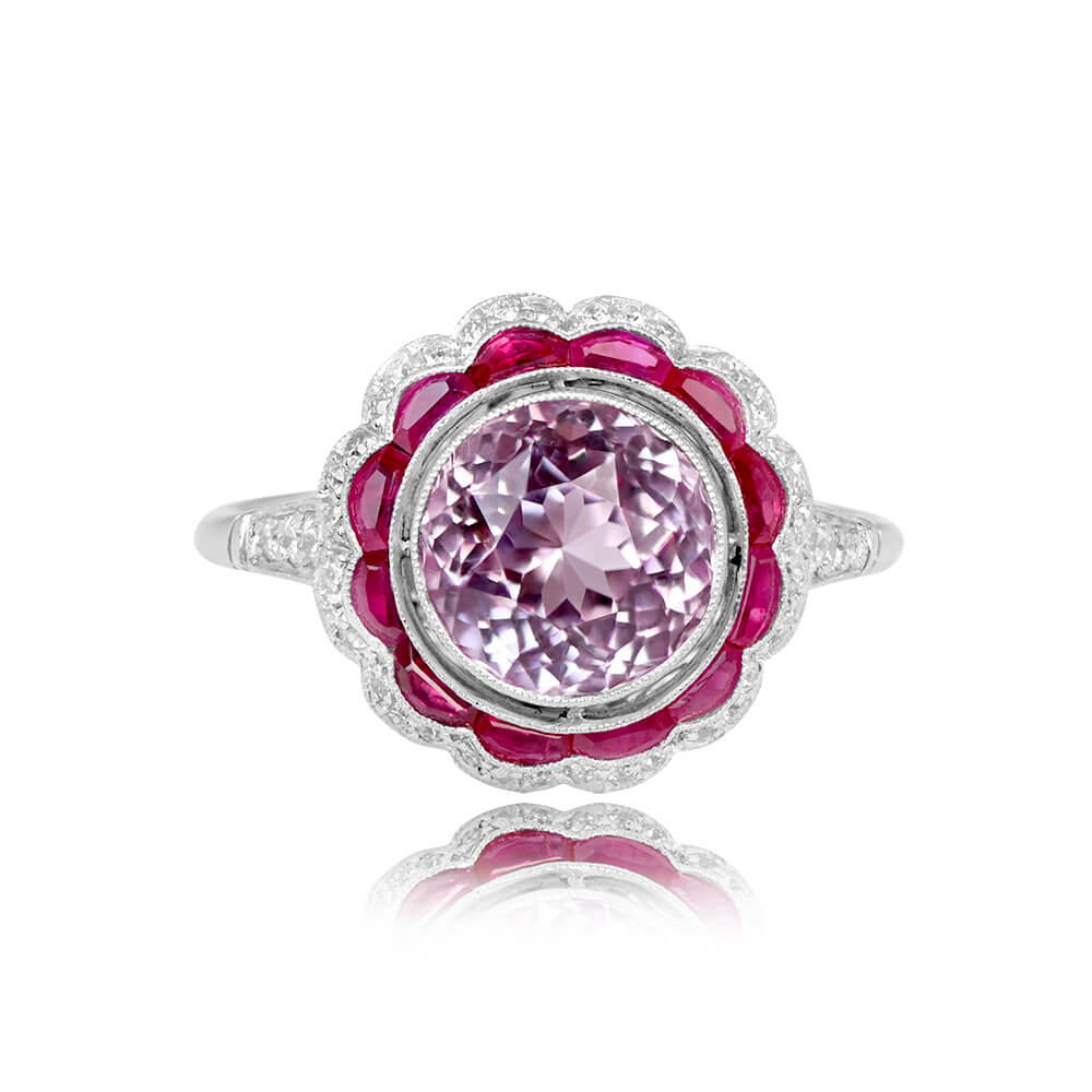 15539-TV UPDATED SIZE-1000PX(1) Top View 2.57ct Round Cut Kunzite with Halo of Rubies and Diamonds 15539