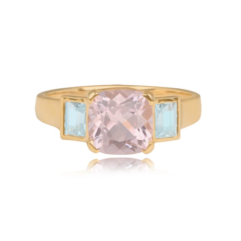 1.34ct Cushion-Cut Morganite Flanked by Aquamarines Benguela Ring