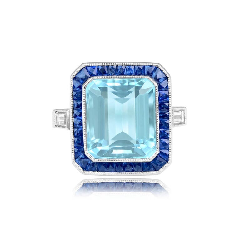 4.87ct Emerald-Cut Aquamarine with Sapphire Halo Zielona Ring