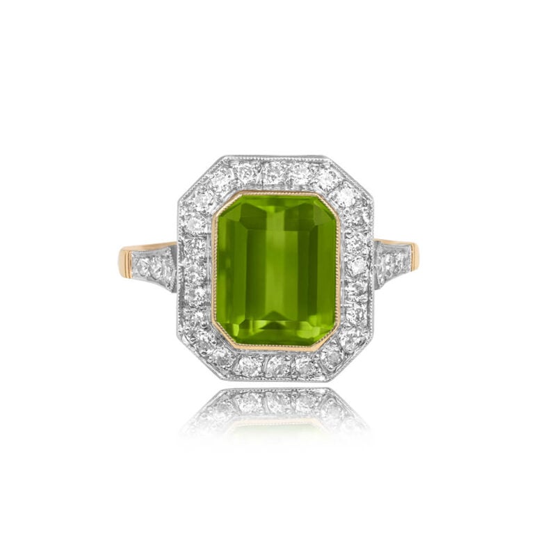 3.53ct Emerald-Cut Peridot with Halo of Diamonds Melfort Ring