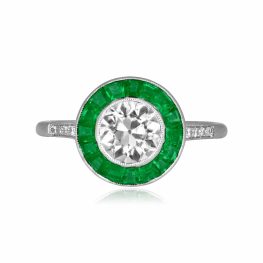 GIA-Certified 1.00ct Old Euro and Emerald Halo Platinum Auburndale Ring 14879