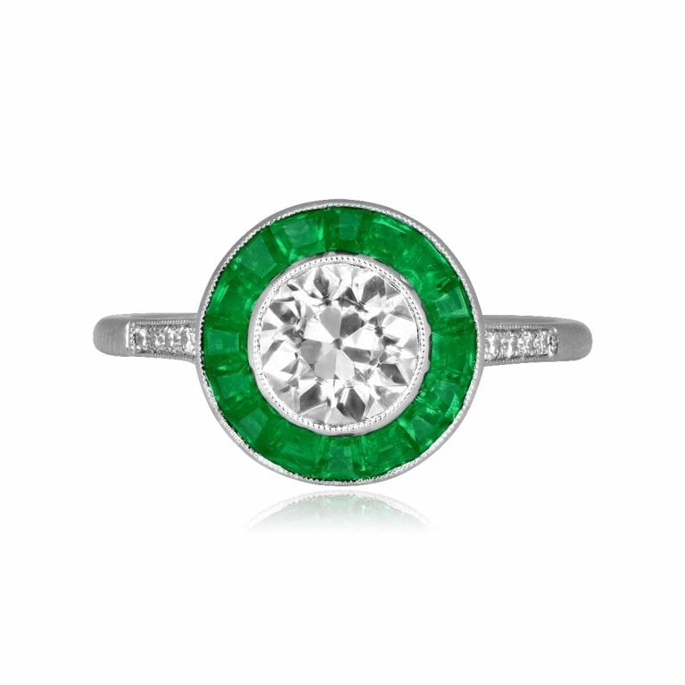 GIA-Certified 1.00ct Old Euro and Emerald Halo Platinum Auburndale Ring
