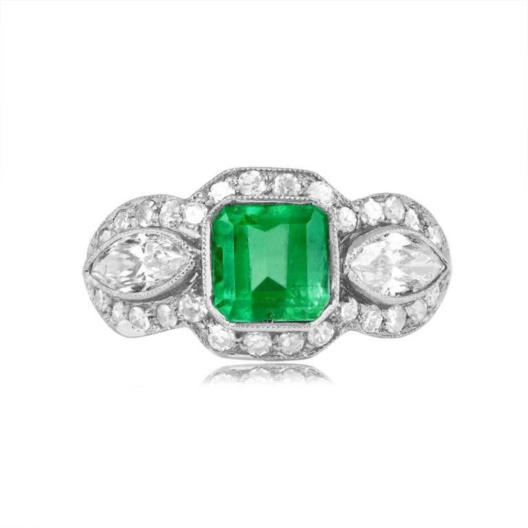 Mid-Century Era 1.57ct Emerald-Cut Emerald with Diamond Halo Parana Ring