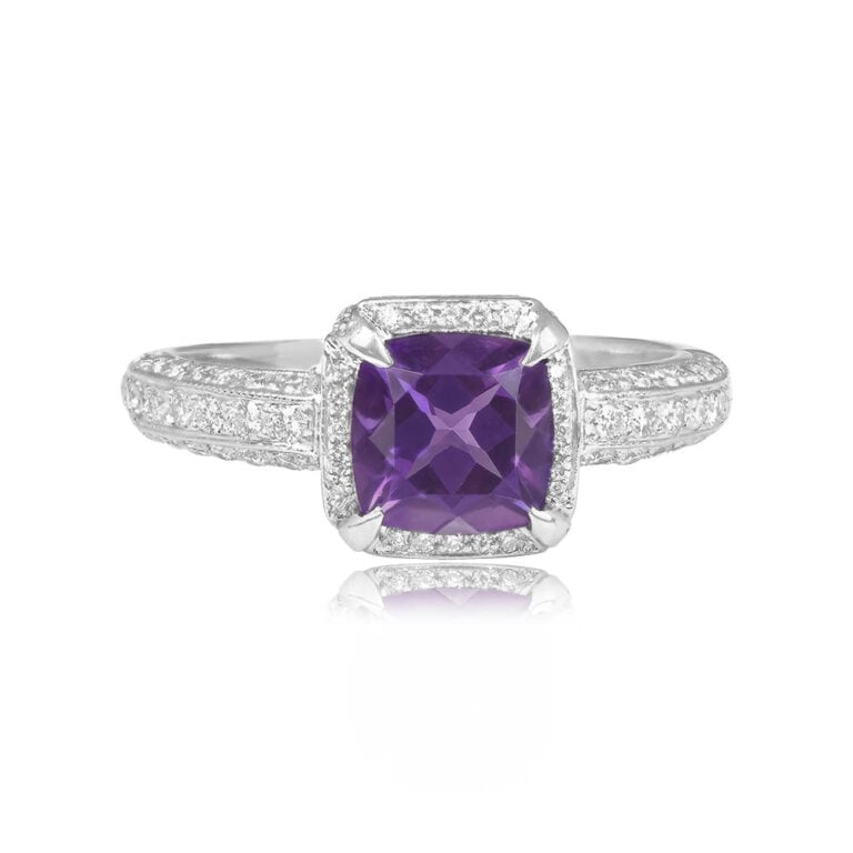 1.36ct Cushion-Cut Amethyst with Diamond Halo Cumberland Ring