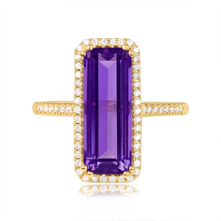 3.76ct Elongated Amethyst and Diamond Halo Buxton Ring