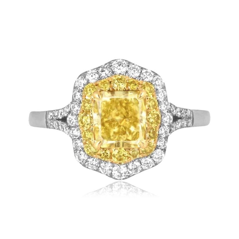 GIA 1.12ct Fancy Intense Yellow Diamond Halo Madera Ring