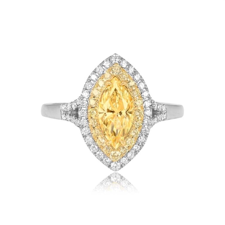 0.87ct Fancy Yellow Marquis-Cut Diamond with Double Diamond Halo Samara Ring
