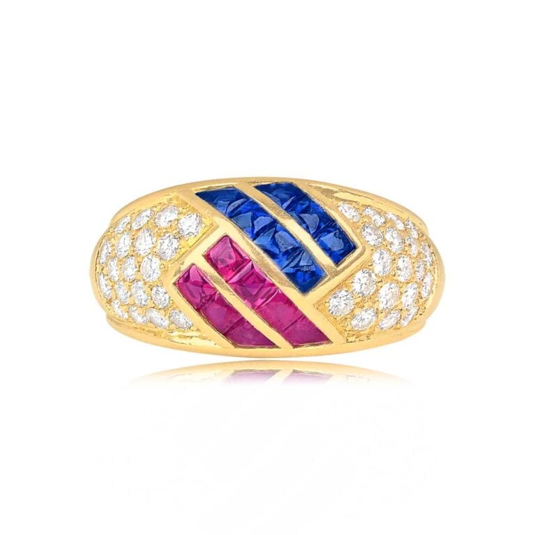 Vintage Mauboussin Paris Ruby, Sapphire, and Diamond 18k Yellow Gold Ring