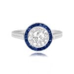 Antique Diamond and Sapphire Halo Platinum Virden Ring. Circa 1920 Top View 15669