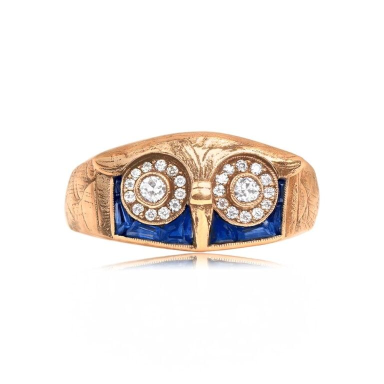 Vintage Sapphire and Diamond on 18k Yellow Gold Owl Ring, Circa 1970